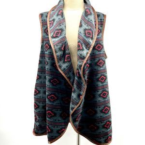 Western Tribal Faux Leather Trim Fleece Long Cardigan Vest Simply Southern Sz‎ L